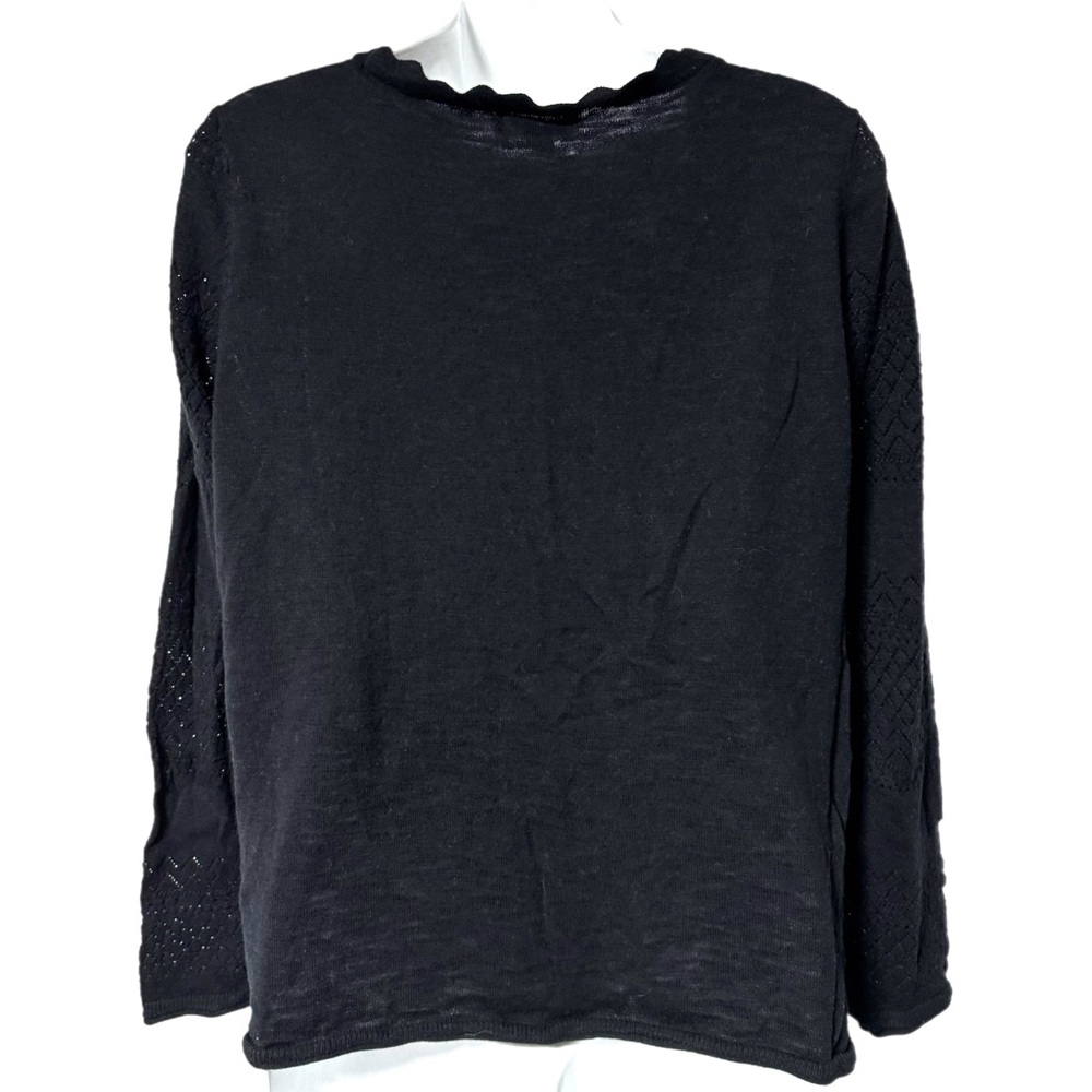 Frye Black Pointelle Open Knit Cotton Cardigan Sweater L Scalloped Edge - Picture 4 of 8